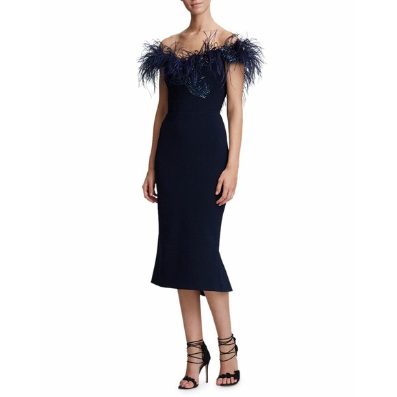 MARCHESA Navy Blue Ostrich Feather Beaded Off Shoulder Fluted Hem Dress 8 M NEW - Picture 12 of 12